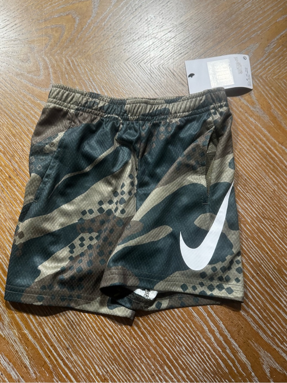 Nike Green and Brown Camo Athletic Shorts with White Swoosh